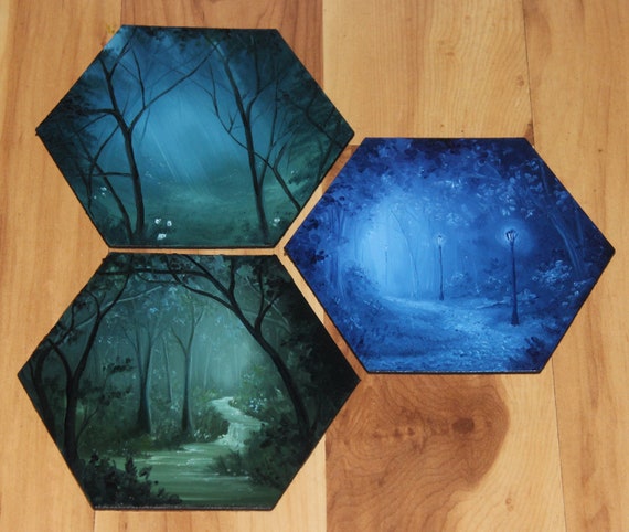 Blue Nighttime Night Evening Forest Landscape Small Canvas Wall Art 5-6 Original Mini Oil Painting Hexagon Flat Panel
