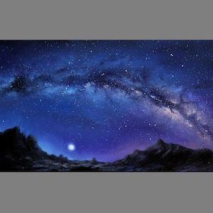 Art PRINT - Blue Milky Way Galaxy Mountains Moon Landscape - Choose Size 5x10", 6x12" 8x16" PRINTSandscape Scenery Wall Art