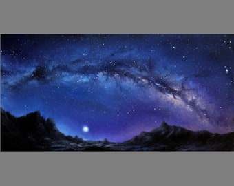 Art PRINT - Blue Milky Way Galaxy Mountains Moon Landscape - Choose Size 5x10", 6x12" 8x16" PRINTSandscape Scenery Wall Art