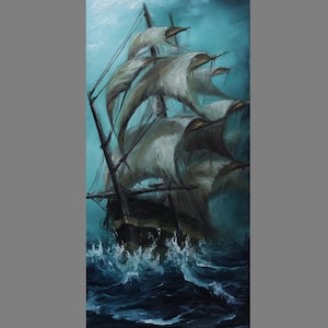 Art PRINT - Sailing Pirate Ship of Sail Ocean Stormy Sea - Choose Size 5x10", 6x12" 8x16" PRINTSandscape Scenery Wall Art