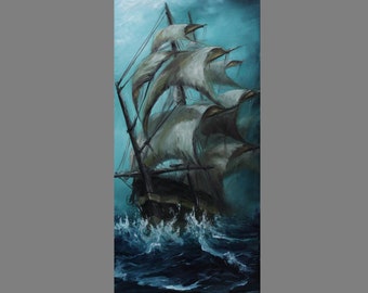 Konsttryck - Seglande piratskepp av segelhav stormigt hav - Välj storlek 12x25 cm, 15x30 cm 20x40 cm TRYCK Sandlandskap Väggkonst