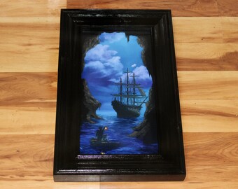 8x16" Original Oil Painting - Pirates Hiding Treasure Cave Pirate Ship Sailing Ocean Cloudy Blue Purple Fantasy Seascape Scenery Wall Art