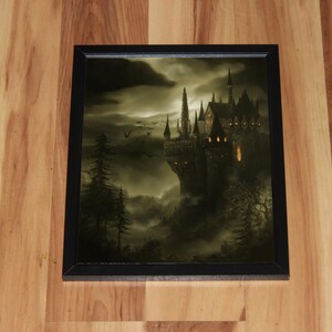 Konsttryck - Vampyrslott Herrgård Grönt Spöklikt Fantasilandskap Väggkonst - Välj Storlek 10x15 cm 13x18 cm 20x25 cm 30x43 cm TRYCK Framed (black)