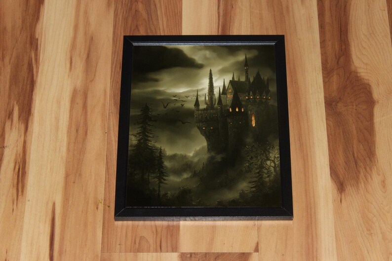 Konsttryck - Vampyrslott Herrgård Grönt Spöklikt Fantasilandskap Väggkonst - Välj Storlek 10x15 cm 13x18 cm 20x25 cm 30x43 cm TRYCK Framed (black)