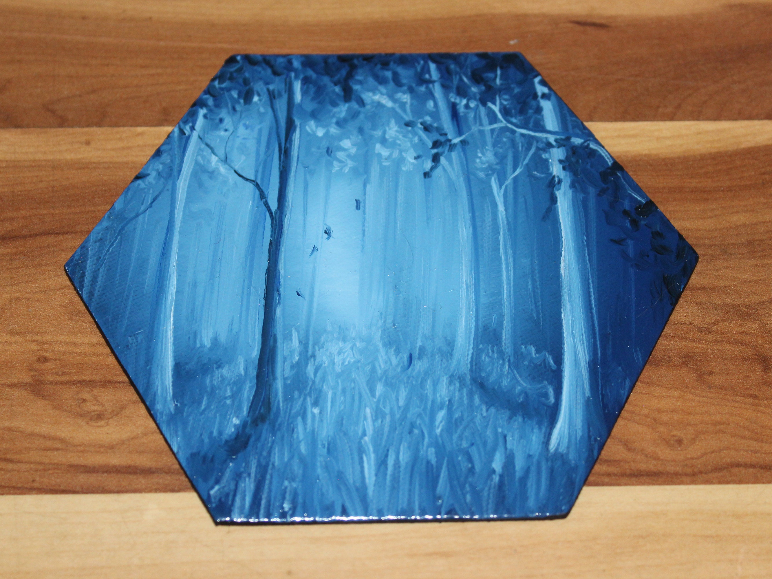 Blue Nighttime Night Evening Forest Landscape Small Canvas Wall Art 5-6 Original Mini Oil Painting Hexagon Flat Panel Blue Nighttime Night Evening Forest Landscape Small Canvas Wall Art 5-6 Original Mini Oil Painting Hexagon Flat Panel