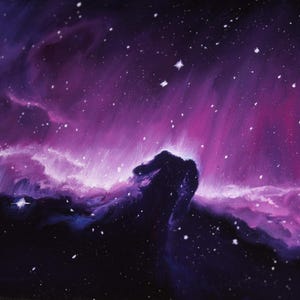 May include: An acrylic painting of the Horsehead Nebula in space. The artwork features a dark, silhouetted shape resembling a horse's head against a backdrop of swirling purple and pink clouds, with scattered white stars.