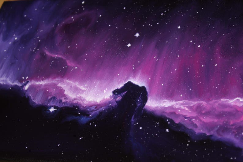 May include: An acrylic painting of the Horsehead Nebula in space. The artwork features a dark, silhouetted shape resembling a horse's head against a backdrop of swirling purple and pink clouds, with scattered white stars.