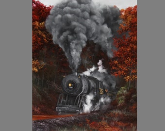 Art PRINT - Autumn Train Steam Engine Locomotive Steampunk Fall Colors Forest Landscape Wall Art - Choose Size 4x6" 5x7" 8x10" 12x16" PRINTS