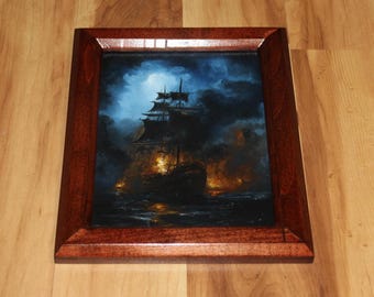 6x8" Original Oil Painting Flat Panel - Pirate Ship on Fire Sea Ocean Dark Cloudy Night Evening Seascape Landscape - Small Canvas Wall Art