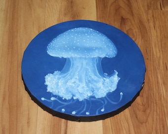 8" Round Circle Original Oil Painting - Spotted Jellyfish Blue Underwater Seacreature Ocean Sea Creature Animal Tentacles - Small Wall Art