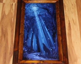 10x20" Original Oil Painting - Wolf Howling at Moon Blue Purple Midnight Moonlight Night Fireflies Forest Landscape - Wall Art