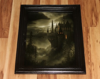 12x16" Original Oil Painting - Vampire Castle Mansion Green Spooky Horror Foggy Evergreen Forest Landscape Scenery - Wall Art