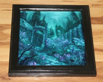 12x12" Original Oil Painting - Underwater Sunken City Atlantis Ocean Sea Castle Ruins Blue Green Seascape - Fantasy Scenery Wall Art