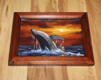 6x8" Original Oil Painting Flat Panel - Humpback Whale Ocean Sunset Seascape Animal Portrait - Small Canvas Wall Art