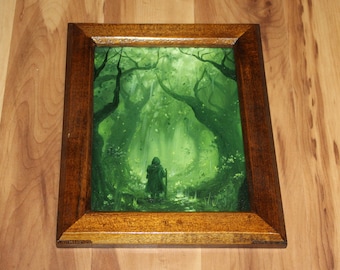 6x8" Original Oil Painting Flat Panel - Forest Hiker Wanderer Hiking Green Trees Woods Landscape - Small Canvas Wall Art