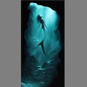 Art PRINT - Meerjungfrau Sirene grün Meer Unterwasser Höhle Ozean dunkel - Fantasy Wandkunst - wählen Sie Größe 5x10&quot;, 6x12&quot; 8x16&quot; PRINTS