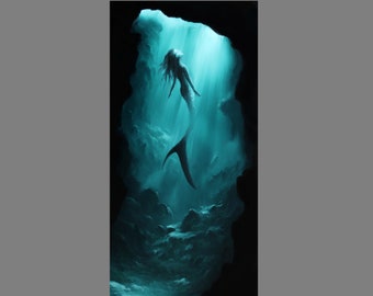 Art PRINT - Mermaid Siren Green Sea Underwater Cave Ocean Dark - Fantasy Wall Art - Choose Size 5x10", 6x12" 8x16" PRINTS