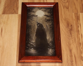 6x12" Original Mini Oil Painting Flat Panel - Grizzly Bear Roar Horror Spooky Forest Night Landscape - Small Wall Art