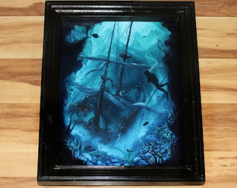 18x24" Original Oil Painting - Sunken Ship Shipwreck Diver Sea Ocean Dark Underwater Fantasy Seascape Scenery - Large Wall Art