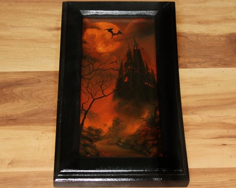 6x12" Original Oil Painting - Spooky Evil Halloween Castle Dragons Vampires Foggy Full Moon Orange Black Fantasy Landscape Scenery Wall Art