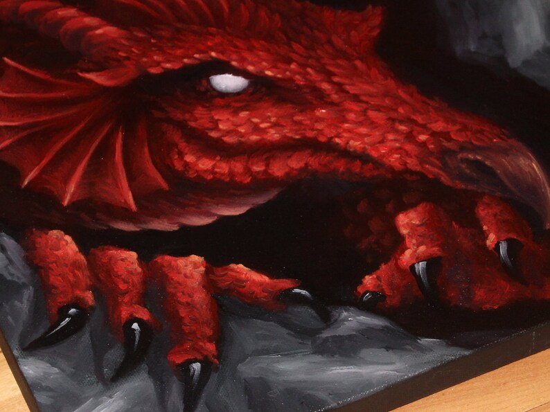 12x12 Original Oil Painting Red Dragon Cave Spooky Etsy