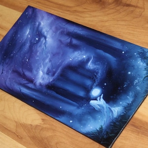 May include: A rectangular canvas print featuring a dark blue and purple cosmic scene. The artwork depicts a glowing white orb held by a figure in a flowing white garment, set against a backdrop of swirling nebulae, distant stars, and shadows.