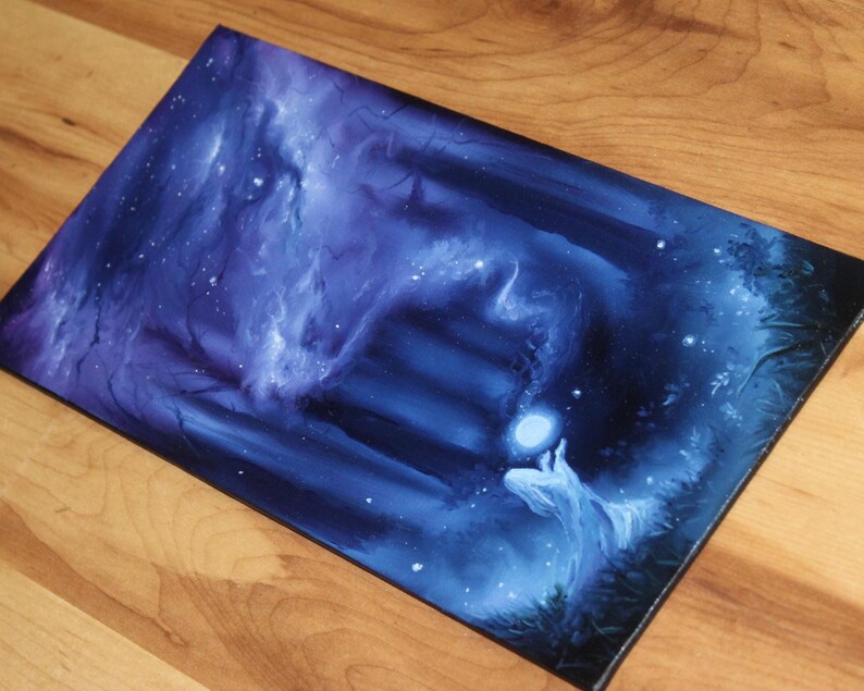 May include: A rectangular canvas print featuring a dark blue and purple cosmic scene. The artwork depicts a glowing white orb held by a figure in a flowing white garment, set against a backdrop of swirling nebulae, distant stars, and shadows.