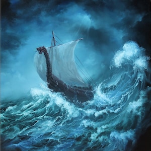 Art PRINT - Viking Longboat Dark Blue Green Cloudy Ship Sailing Ocean Waves - Seascape Wall Art - Choose Size 8x8&quot;, 10x10&quot; 12x12&quot; PRINTS