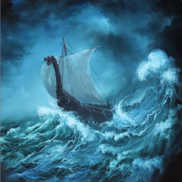 Art PRINT - Viking Longboat Dark Blue Green Cloudy Ship Sailing Ocean Waves - Seascape Wall Art - Choose Size 8x8", 10x10" 12x12" PRINTS