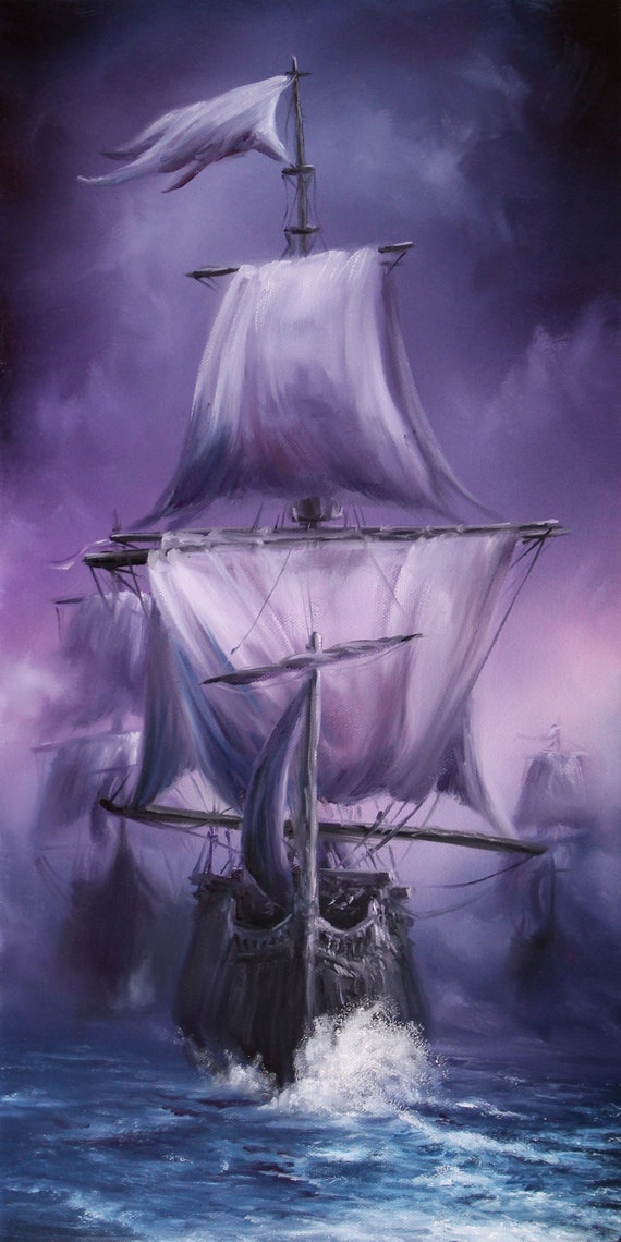 Art PRINT - Sailing Ships Ocean Purple Blue Pirate Ships - Choose