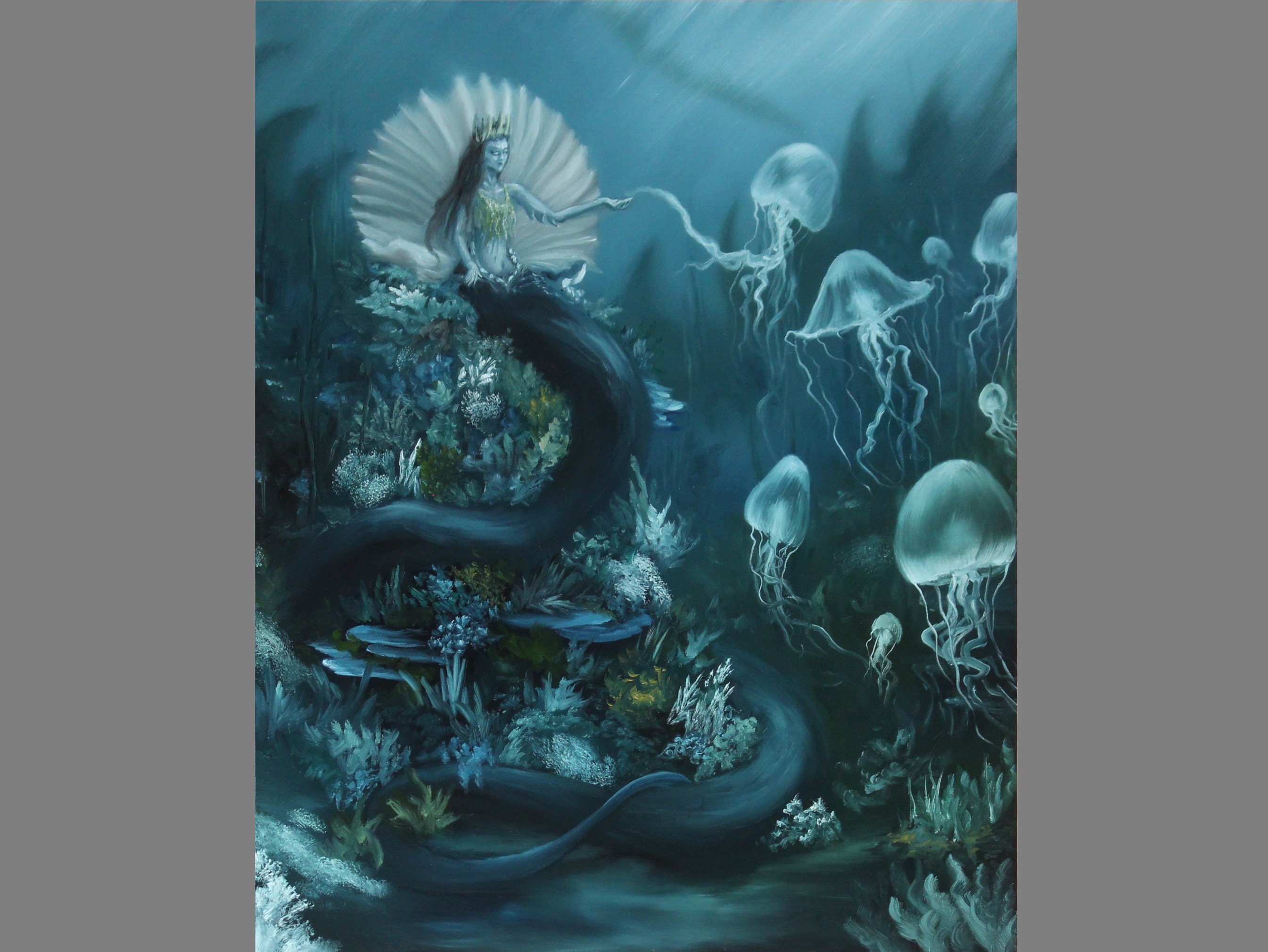 Art PRINT - Mermaid Queen Sea Snake Jellyfish Coral Underwater