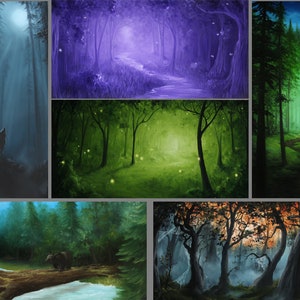 May include: A collection of six paintings depicting different moods of a forest. The paintings feature a variety of colors, including blue, green, purple, and brown. The paintings are all in a similar style, with a focus on the trees and the light.