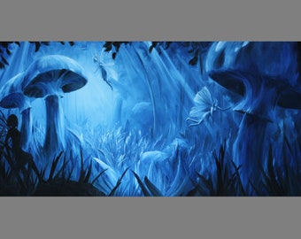 Art PRINT - Blue Mushroom Forest Fairy Fairies Fae Faerie Fantasy Landscape - Choose Size 5x10", 6x12" 8x16" PRINTSandscape Scenery Wall Art
