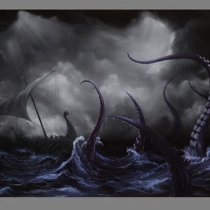 Art PRINT Viking Longboat Ship Lovecraftian Monster Horror Fantasy Ocean Storm Wall Art Choose Size 4x6 5x7 8x10 12x16 PRINTS image 1