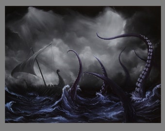 Art PRINT - Viking Longboat Ship Lovecraftian Monster Horror Fantasy Ocean Storm Wall Art - Choose Size 4x6" 5x7" 8x10" 12x16" PRINTS