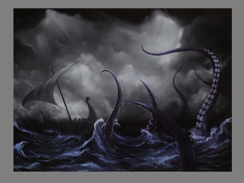 Art PRINT Viking Longboat Ship Lovecraftian Monster Horror Fantasy Ocean Storm Wall Art Choose Size 4x6 5x7 8x10 12x16 PRINTS image 1