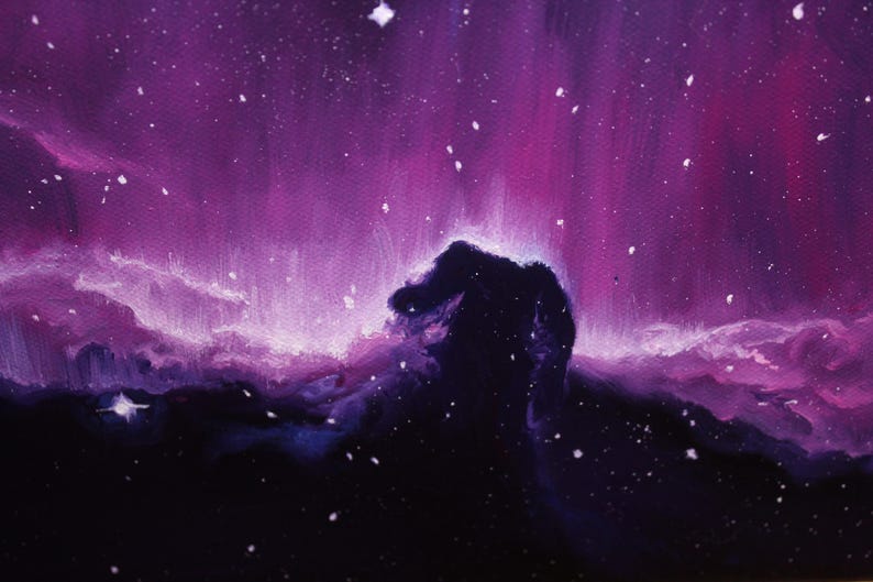 May include: An abstract painting of a nebula in shades of purple, pink, and black. The artwork depicts a cosmic scene with a prominent dark silhouette resembling a horse's head, surrounded by swirling clouds and scattered stars.