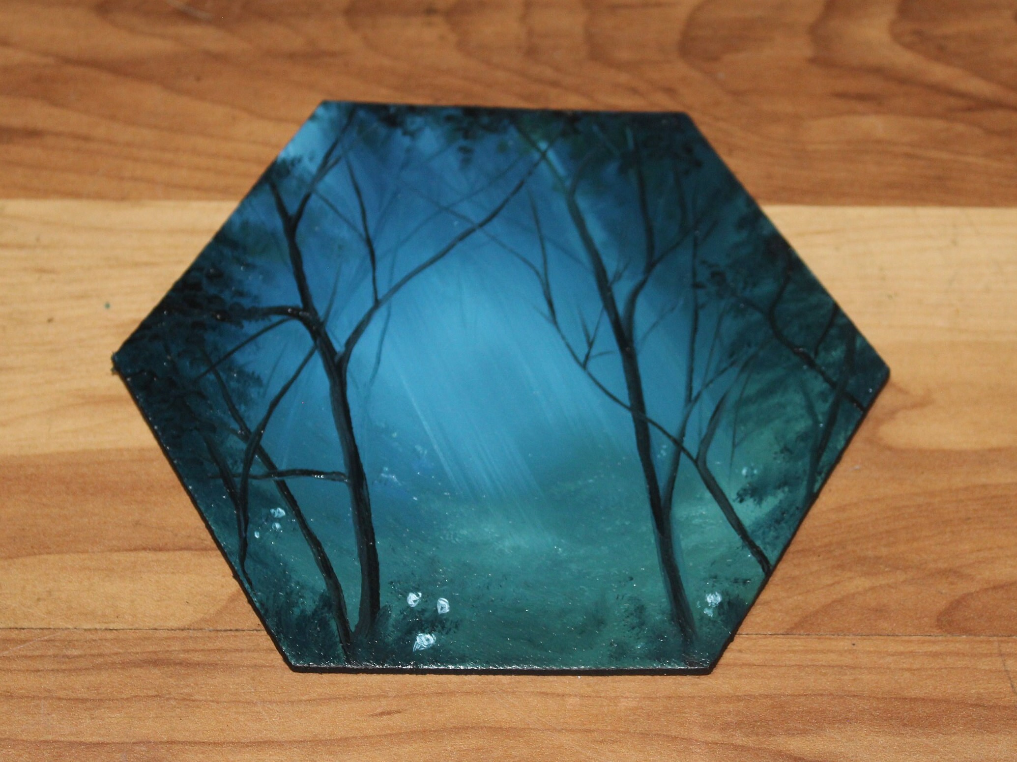 Blue Nighttime Night Evening Forest Landscape Small Canvas Wall Art 5-6 Original Mini Oil Painting Hexagon Flat Panel Blue Nighttime Night Evening Forest Landscape Small Canvas Wall Art 5-6 Original Mini Oil Painting Hexagon Flat Panel