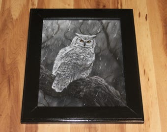 8x10" Original Oil Painting - Owl in the Rain Gray Black White Bird Animal Rainy Forest Scenery - Small Wall Art