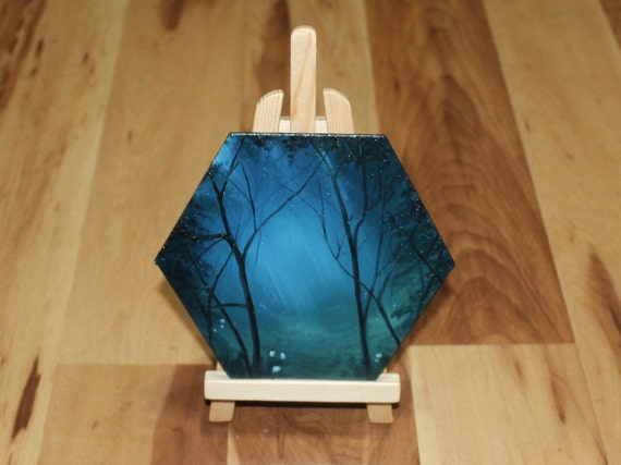 Blue Nighttime Night Evening Forest Landscape Small Canvas Wall Art 5-6 Original Mini Oil Painting Hexagon Flat Panel Blue Nighttime Night Evening Forest Landscape Small Canvas Wall Art 5-6 Original Mini Oil Painting Hexagon Flat Panel