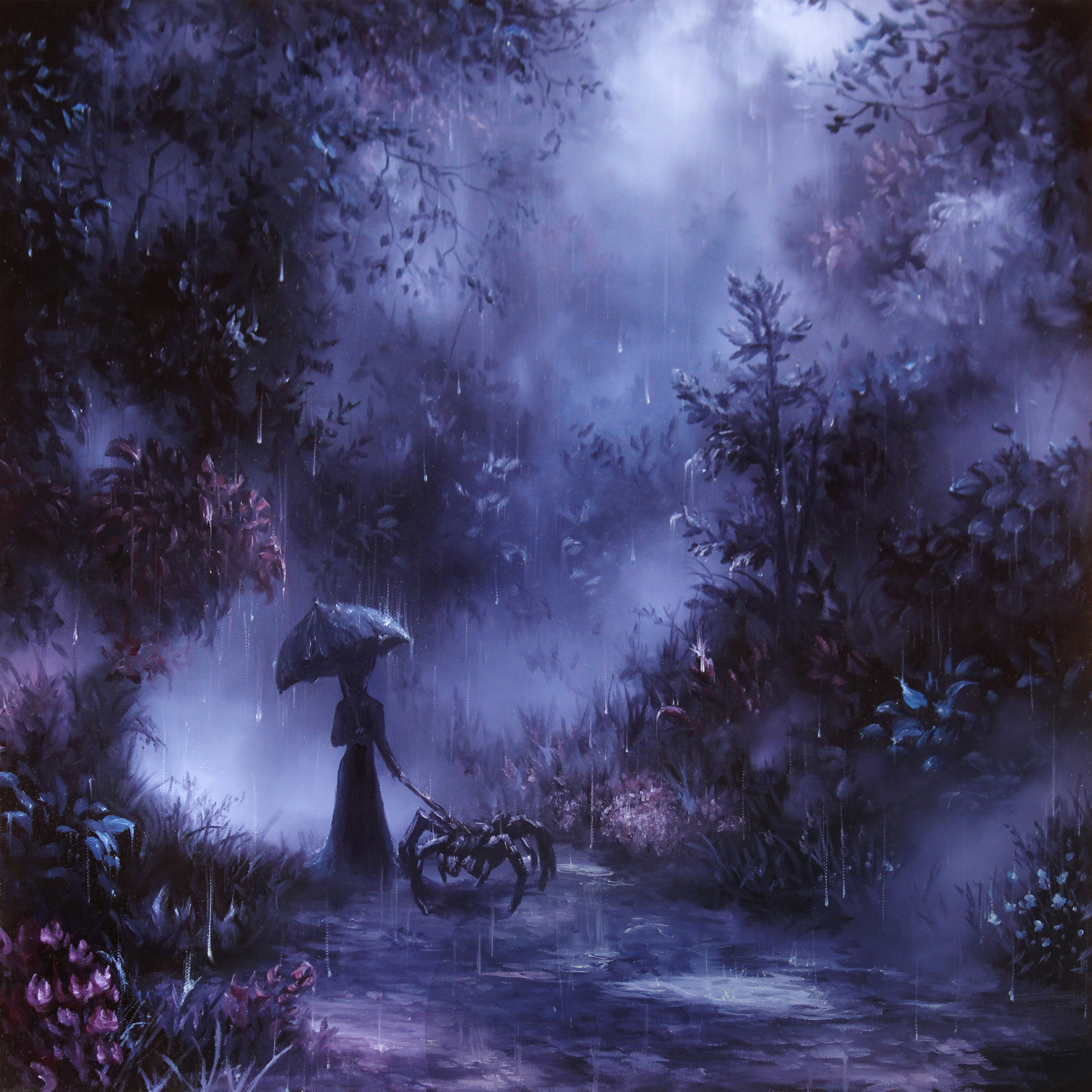 Art PRINT - Rainy Stroll Woman With Spider Forest Rain Purple Dark