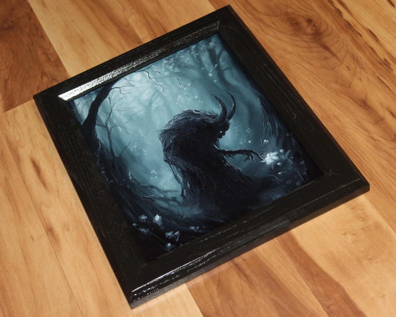 8x10" Original Oil Painting - Spooky Monster Evil Creature Shadow Forest Fantasy Landscape Scenery - Small Wall Art image 2