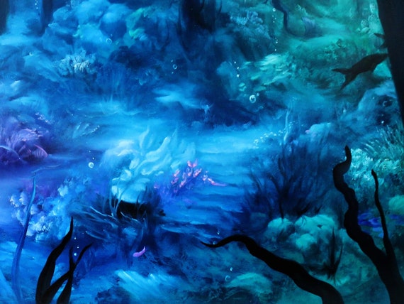 Art PRINT - Mermaid Castle Enchanted Underwater Ocean Dark Blue