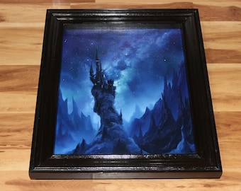 16x20" Original Oil Painting - Magical Night Dark Mountains Enchanted Castle Milky Way Galaxy Starry Skies Blue Purple - Fantasy Wall Art