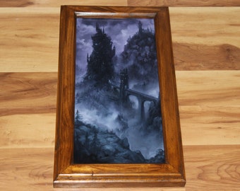 8x16" Original Oil Painting - Enchanted Fairytale Craggy Castle Purple Blue Foggy Evening Spooky Fantasy Gothic Landscape Scenery Wall Art