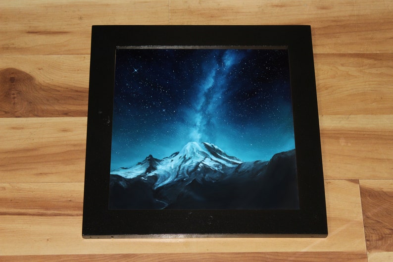 Art PRINT Mount Rainier Milky Way Galaxy Snowy Snowcapped Mountain Landscape Starry Sky Wall Art Choose Size 8x8, 10x10 12x12 PRINTS Framed (Black)