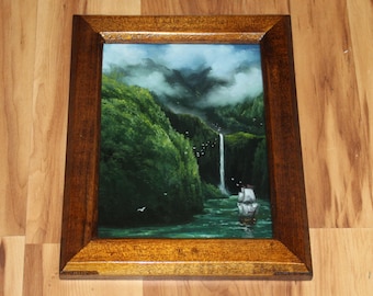 6x8" Original Oil Painting Flat Panel - Pirate Cove Ship Ocean Waterfall Green Valley Forest Mountain Landscape - Small Canvas Wall Art