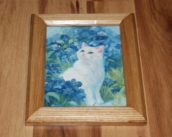 6x8" Original Oil Painting Flat Panel - White Cat Cute Kitten Looking Up Blue Flowers Garden Animal Portrait - Small Canvas Wall Art