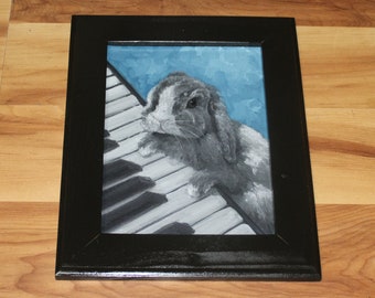 6x8" Original Oil Painting - Piano Playing Bunny Pianist Rabbit Black White Blue Pet Portrait Animal Art - Small Canvas Wall Art