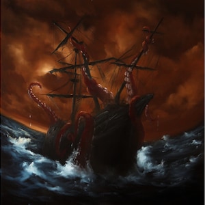 Art PRINT - Brown Blue Ship Ocean Monster Tentacles - Lovecraftian Fantasy Horror Wall Art - Size 10x10&quot; 12x12&quot; PRINTS